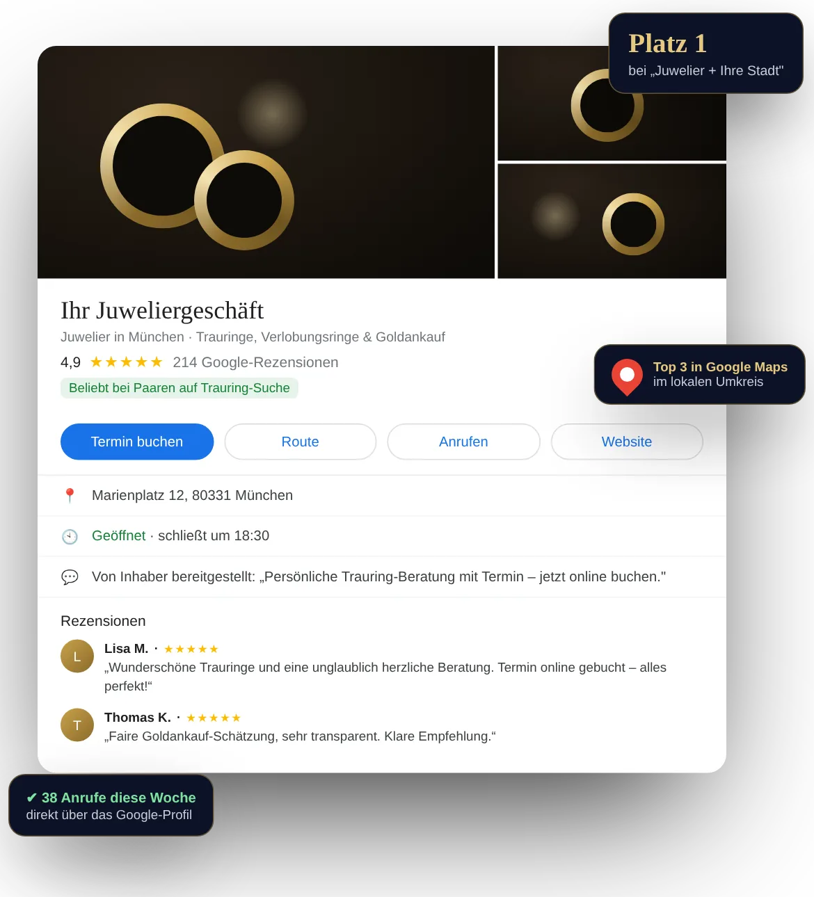Google Unternehmensprofil für Juweliere – optimiertes Profil mit 4,9 Sternen, Bewertungen und Termin-Button