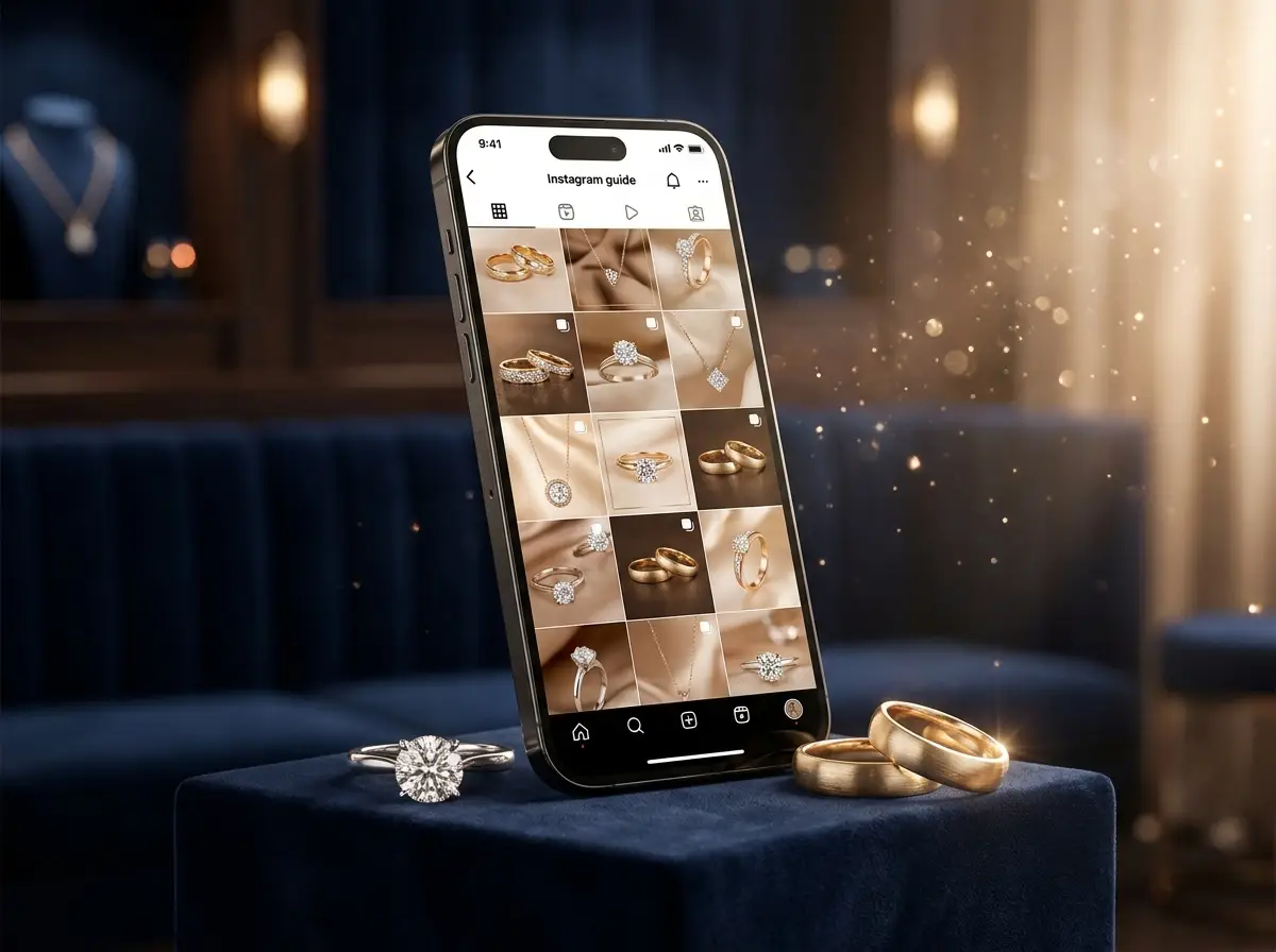 Instagram für Juweliere – Smartphone mit Schmuck-Feed neben Verlobungsring und Trauringen