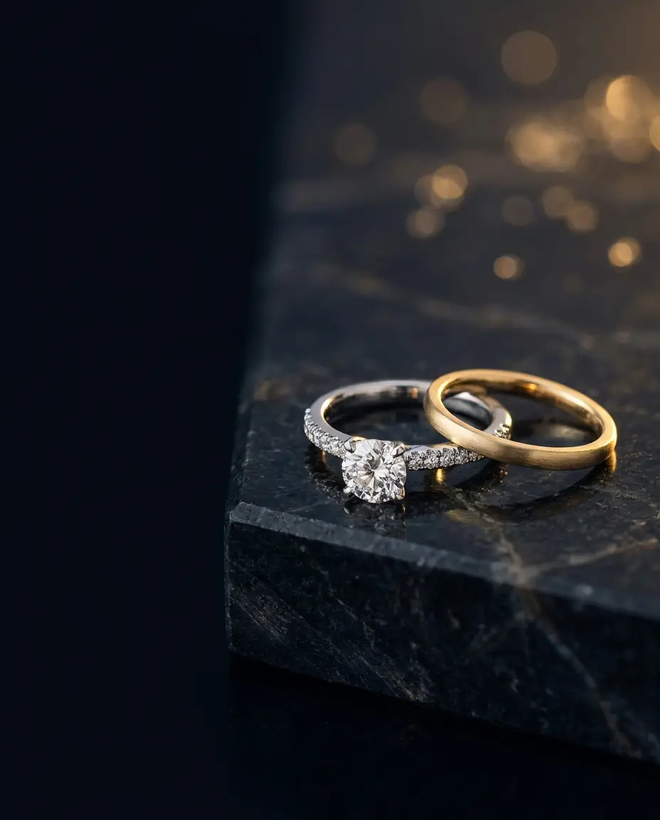 SEO für Juweliere – Diamantring und Trauring auf dunklem Marmor