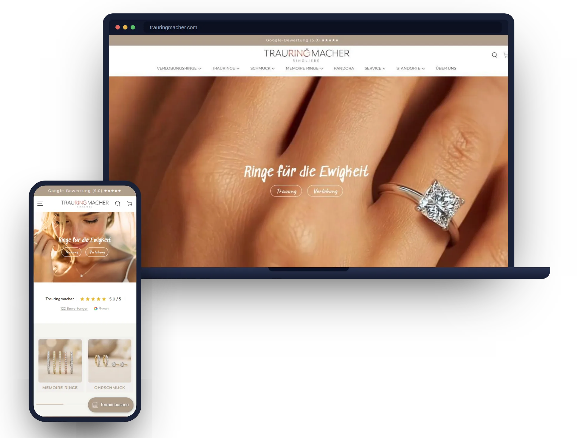 Webdesign für Juweliere – Referenz trauringmacher.com als Desktop- und Mobilversion auf Laptop und Smartphone