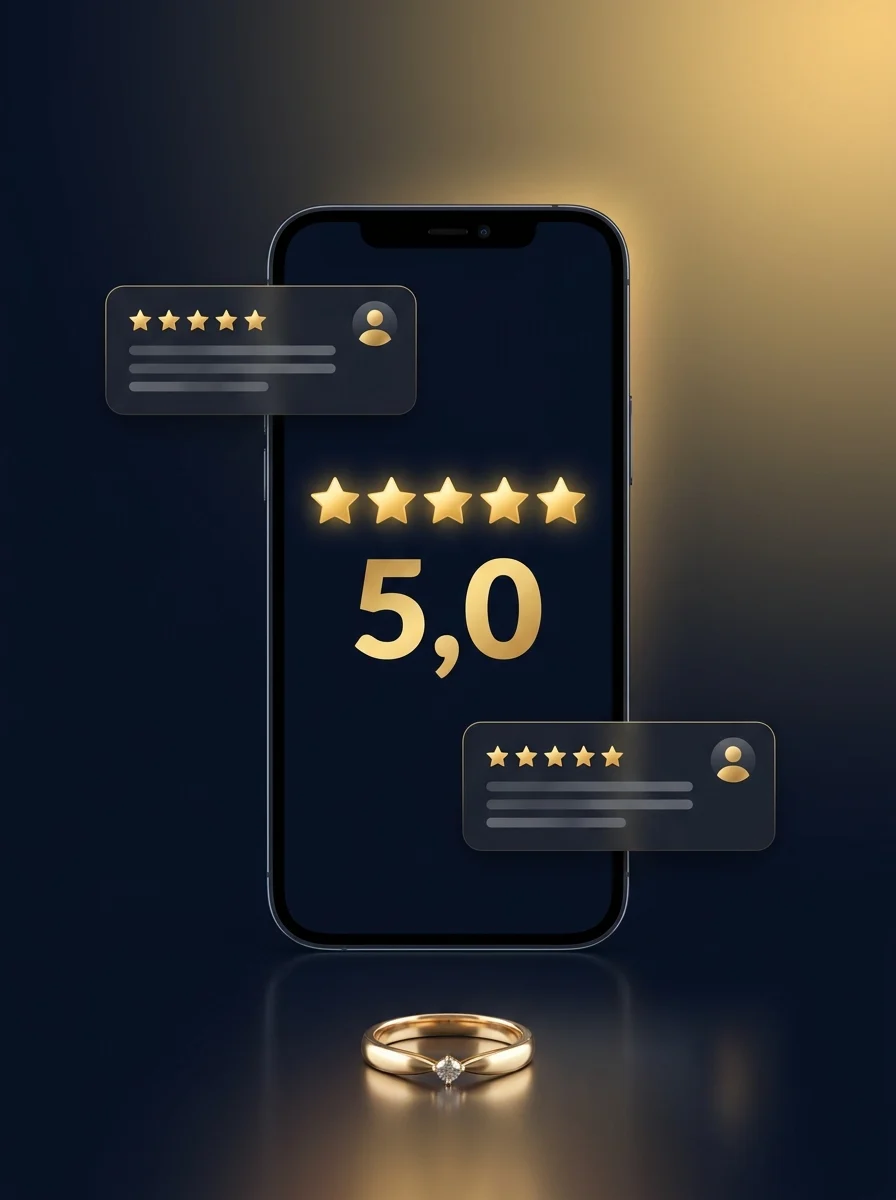Google Bewertungen für Juweliere – Smartphone mit 5-Sterne-Rezensionen und goldenem Ring