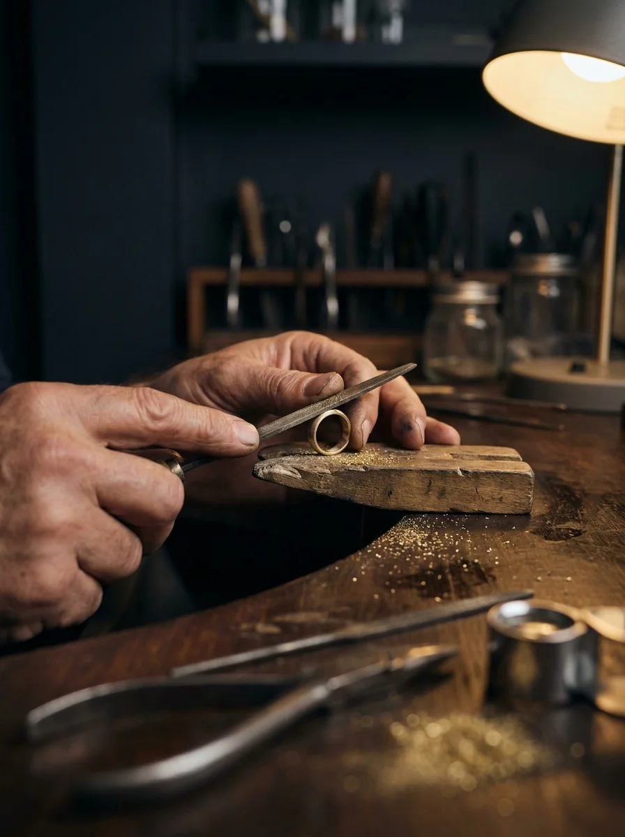 SEO für Goldschmiede – Goldschmied fertigt Trauring im Atelier